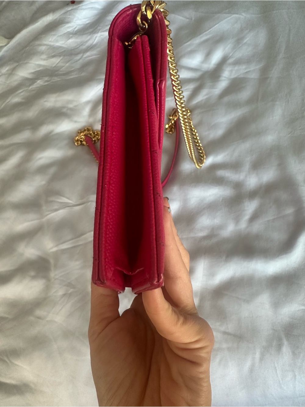 YSL CASSANDRE ENVELOPE CHAIN WALLET IN LAMBSKIN-Hot Pink - Picture 8 of 13